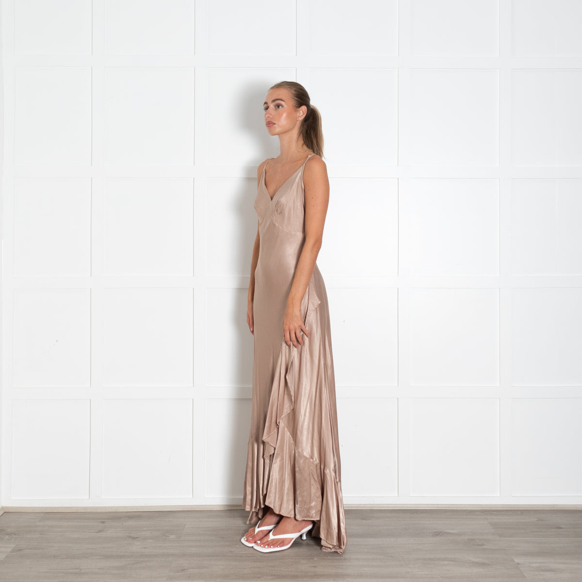 Ghost Beige Satin Sleeveless Evening Dress