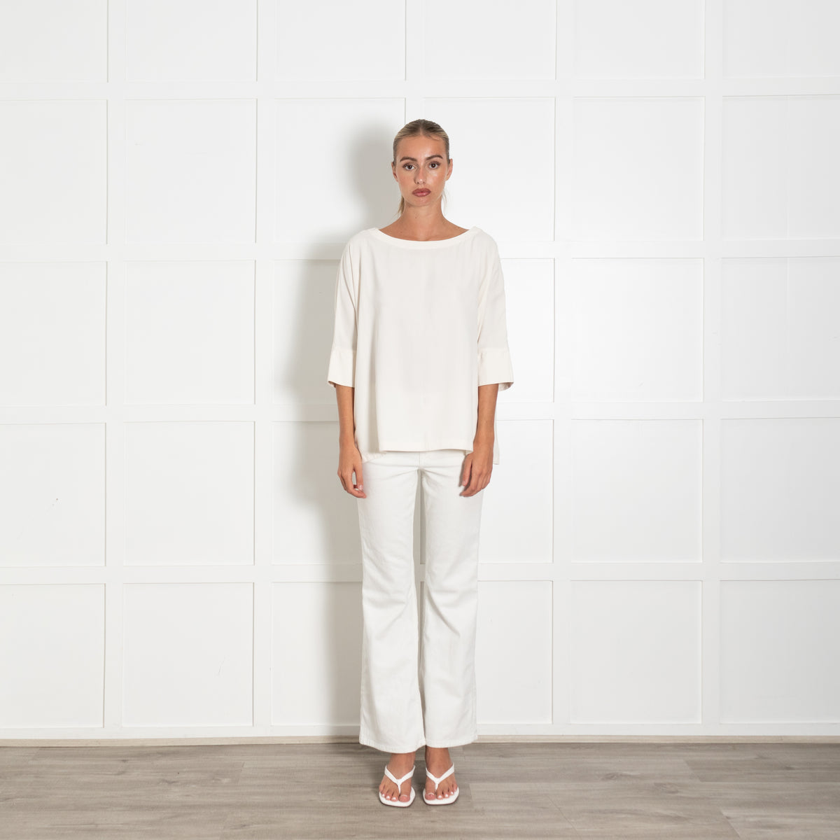 Bamford Cream 100 % Silk Mid Sleeves Top