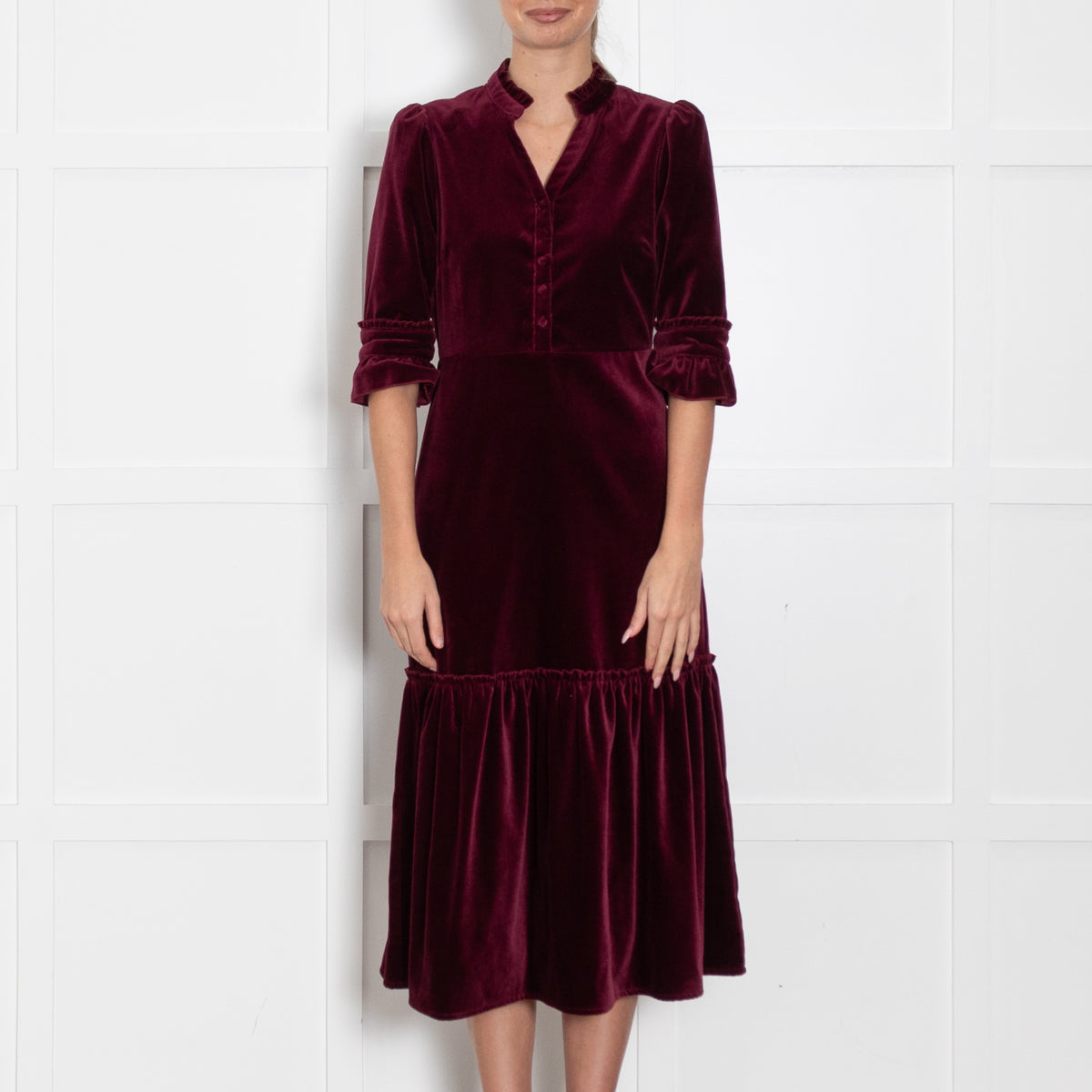 Wyse Dark Burgundy Velvet Dress With Pleat Detail