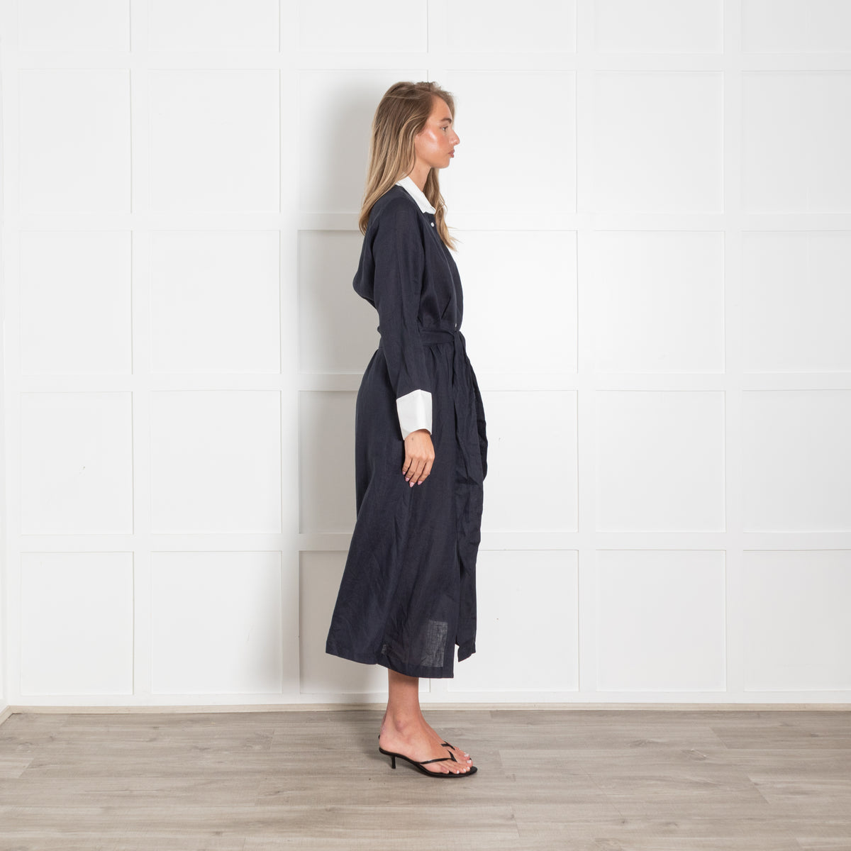 Whyci Navy Blue Linen White Trim Button Up Long Belted Dress