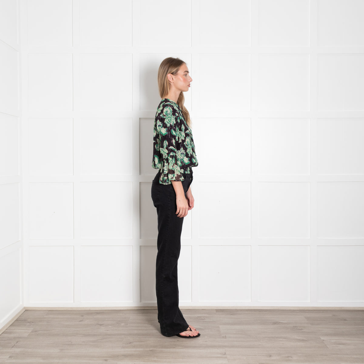 Iris Black Green Floral Silver Thread Detail Top