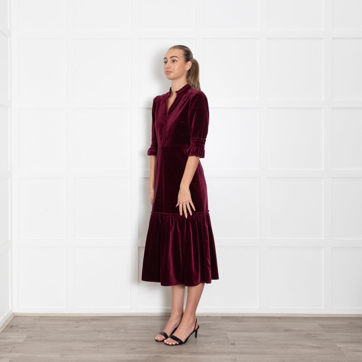 Wyse Dark Burgundy Velvet Dress With Pleat Detail