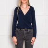 Theory Navy Silk Drawstring Wrap Over Blouse