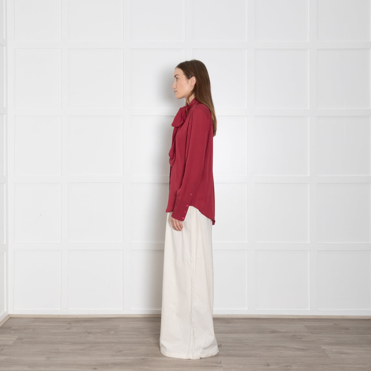 Equipment Burgundy Tie Neck Silk Blouse