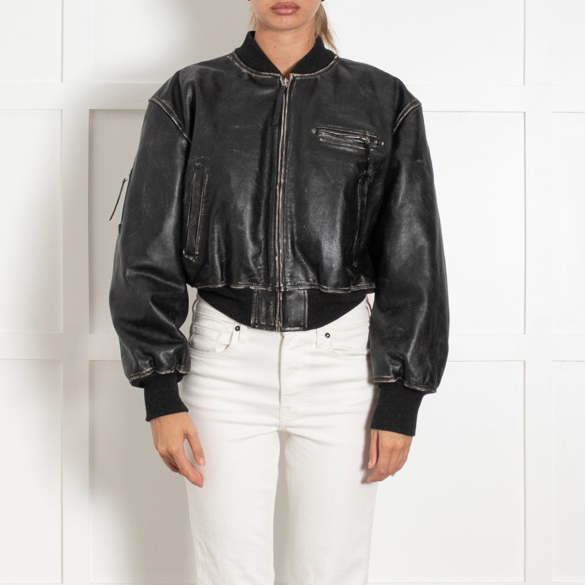Acne Studios Black Cream Distressed Leather Jacket