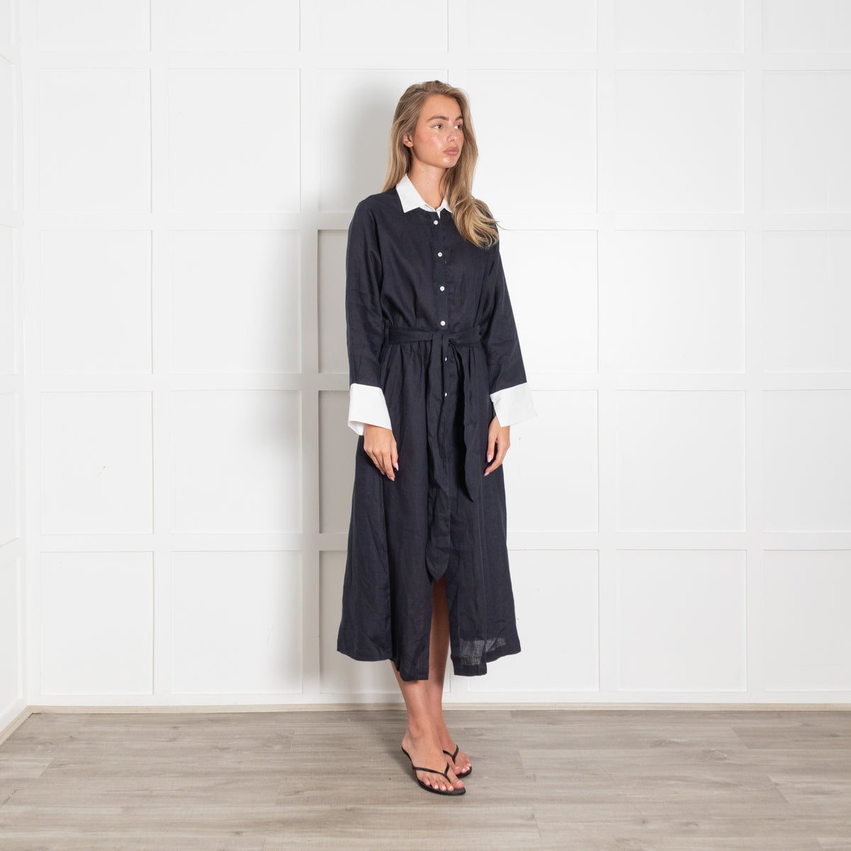 Whyci Navy Blue Linen White Trim Button Up Long Belted Dress