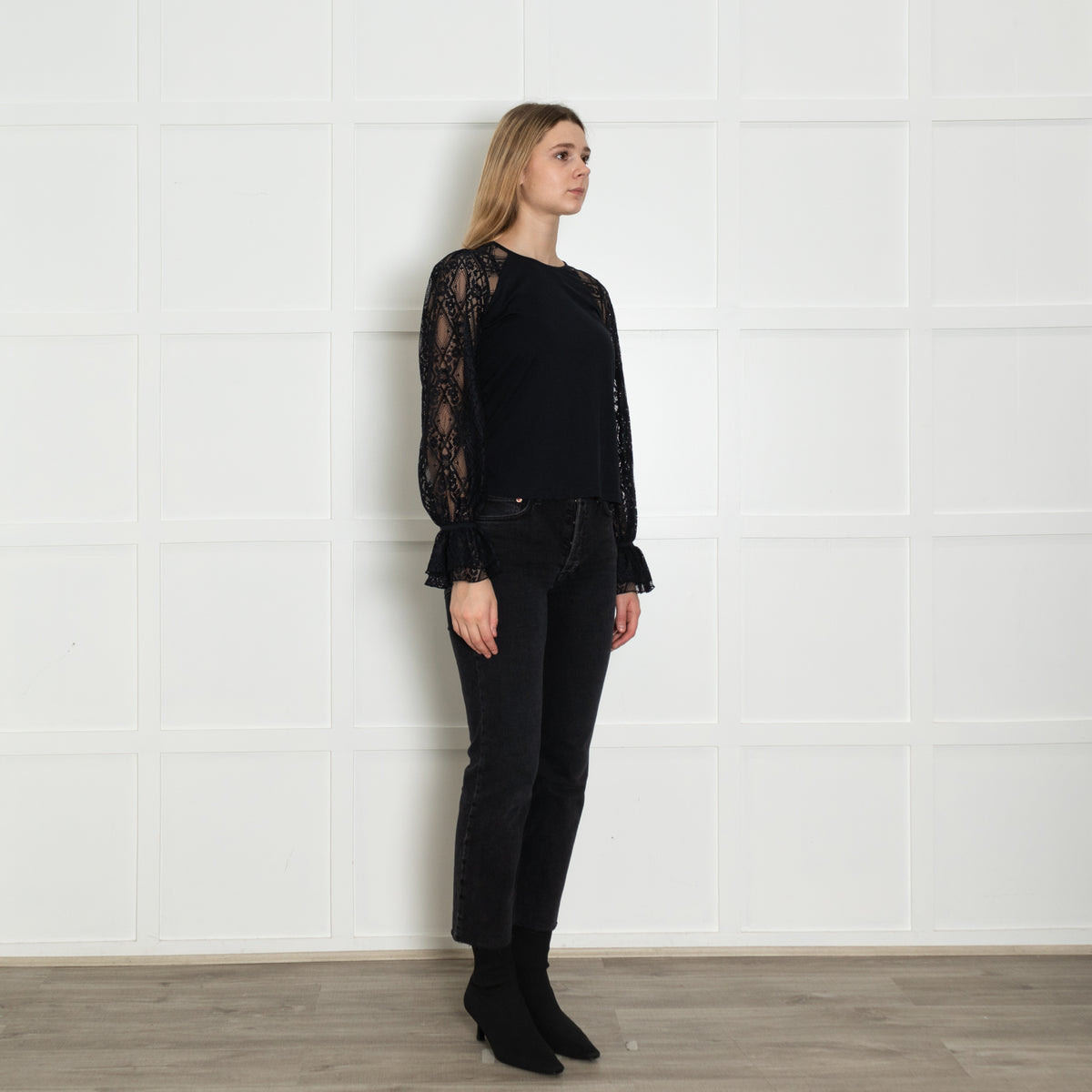 Me+Em Navy Blue Cotton Jersey Blend Lace Sleeve Top