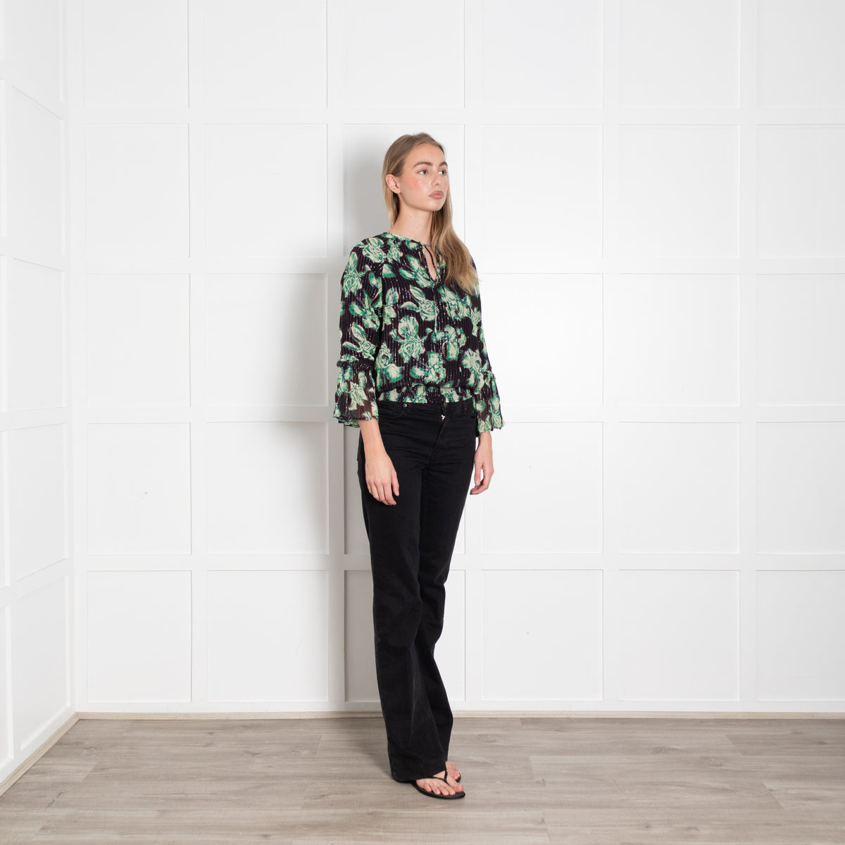 Iris Black Green Floral Silver Thread Detail Top