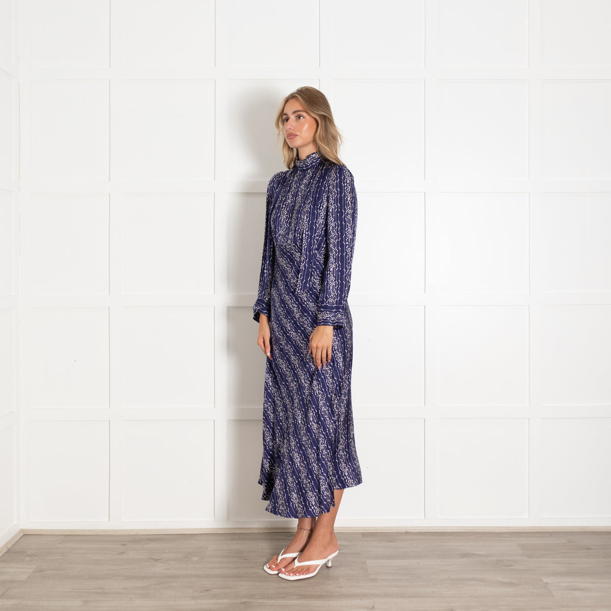Sandro Navy White Long Sleeve Maxi Dress