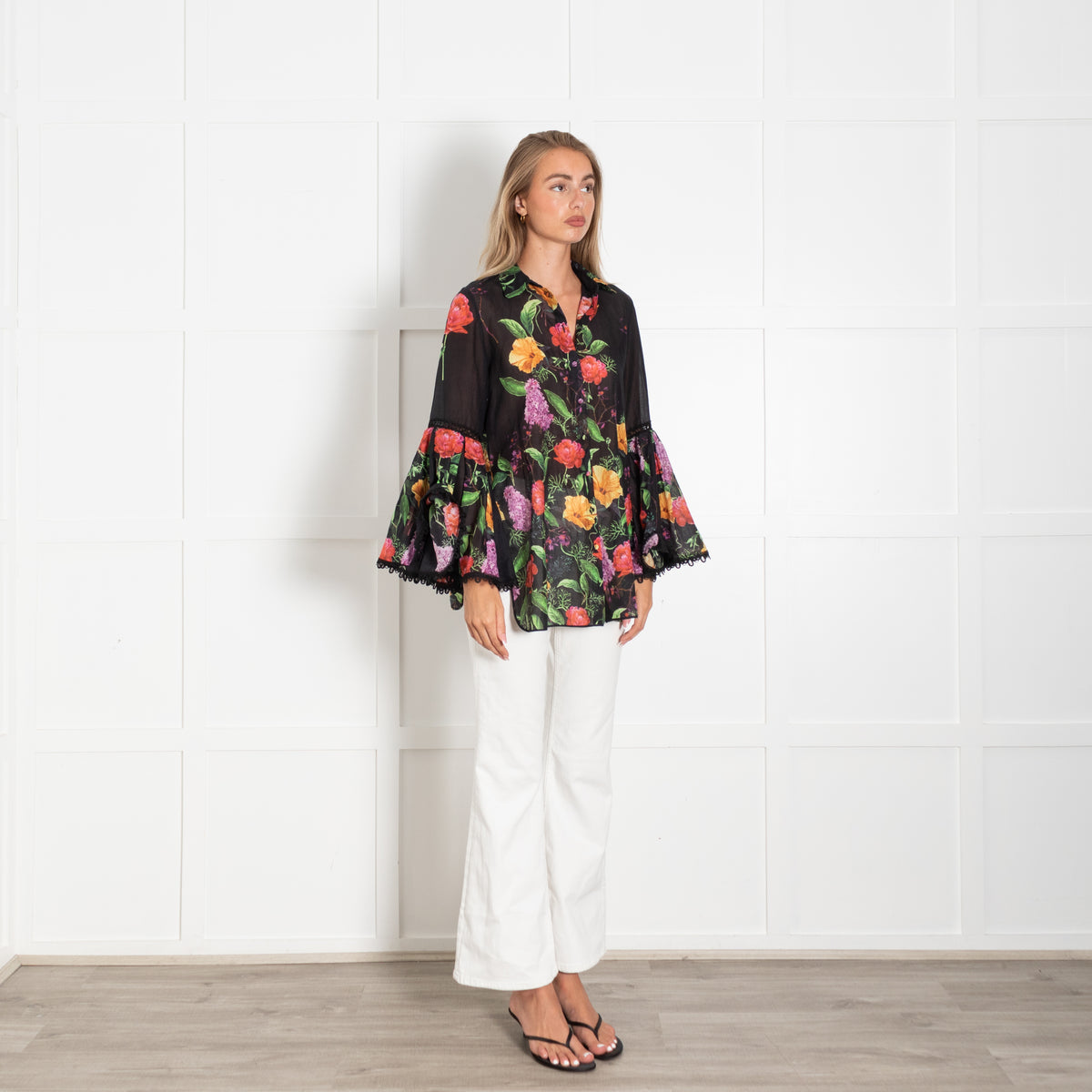 Charo Ruiz Black Floral Blouse With Lace Trim Bell Sleeves