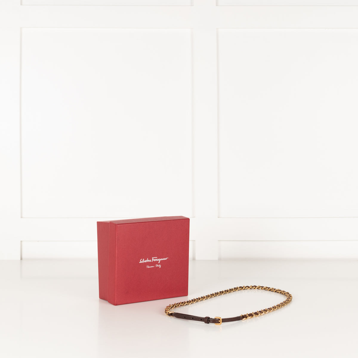 Salvatore Ferragamo Brown Leather Gold Chain Thin Belt