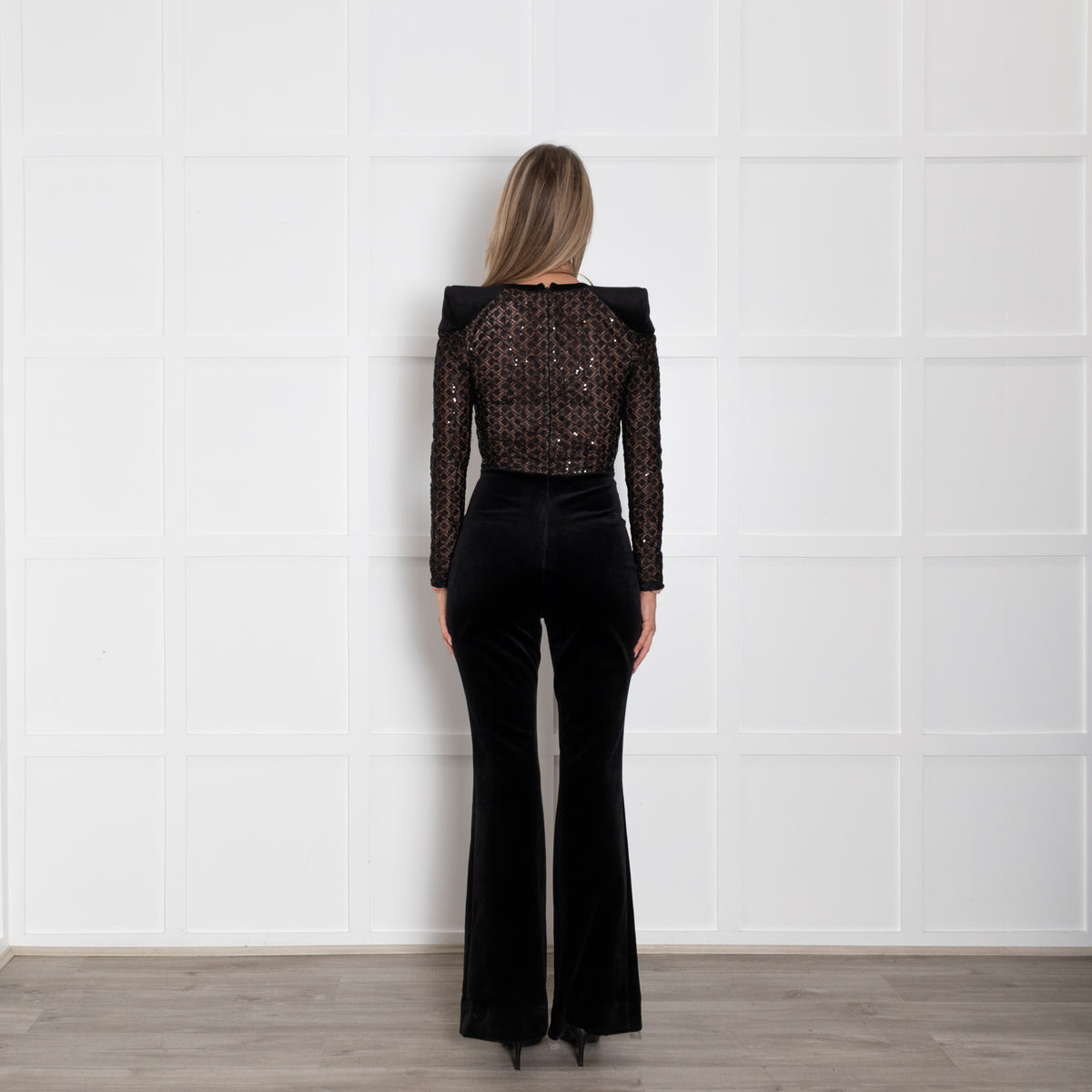 Nadine Merabi Black Velvet Jumpsuit With Sequin Bodice