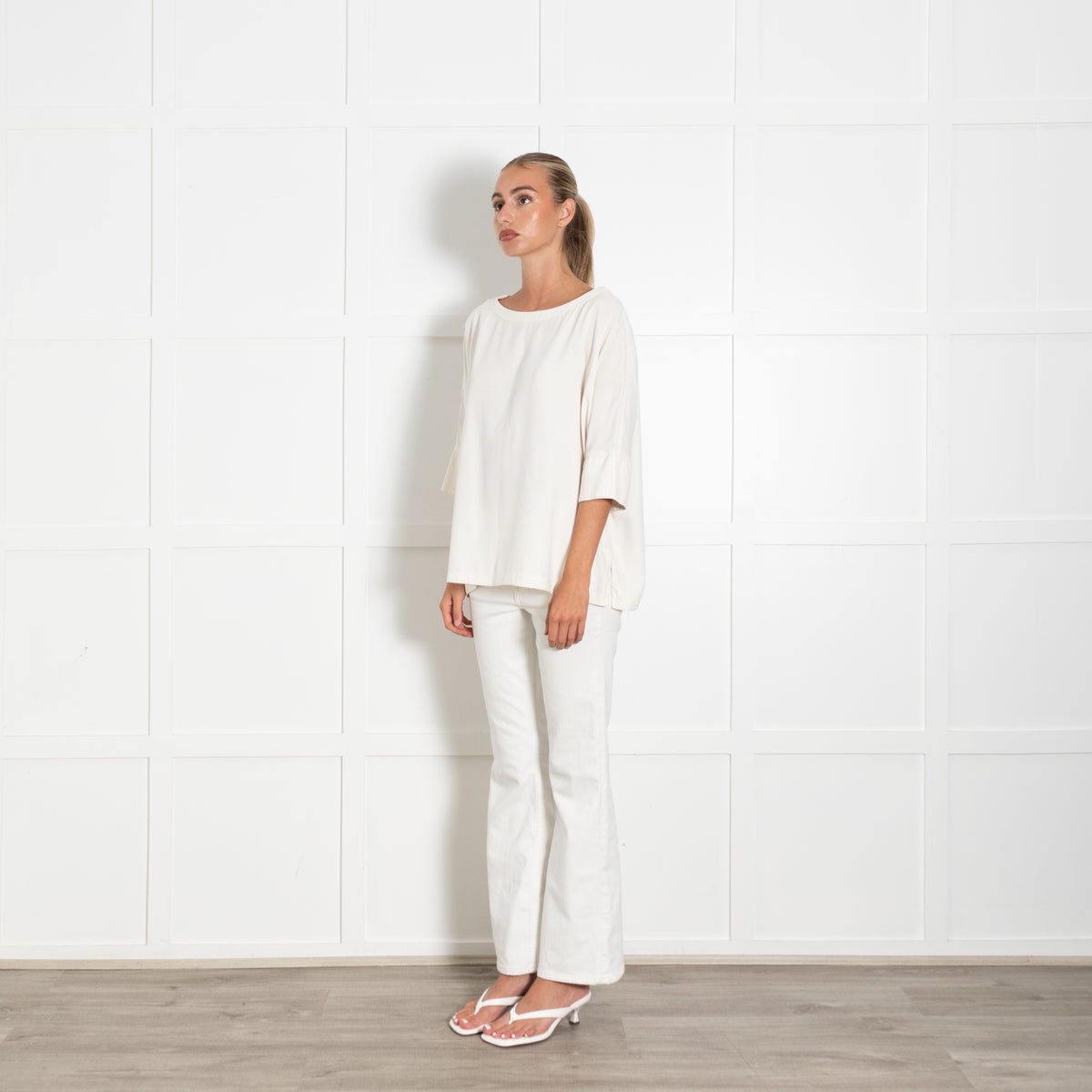 Bamford Cream 100 % Silk Mid Sleeves Top