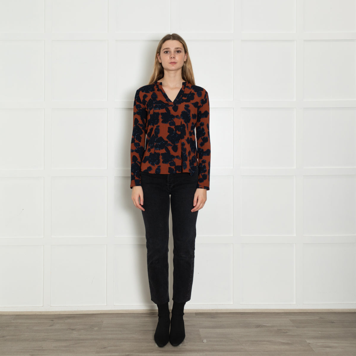 Essentiel Antwerp Burnt Orange Navy Flower Print Blouse