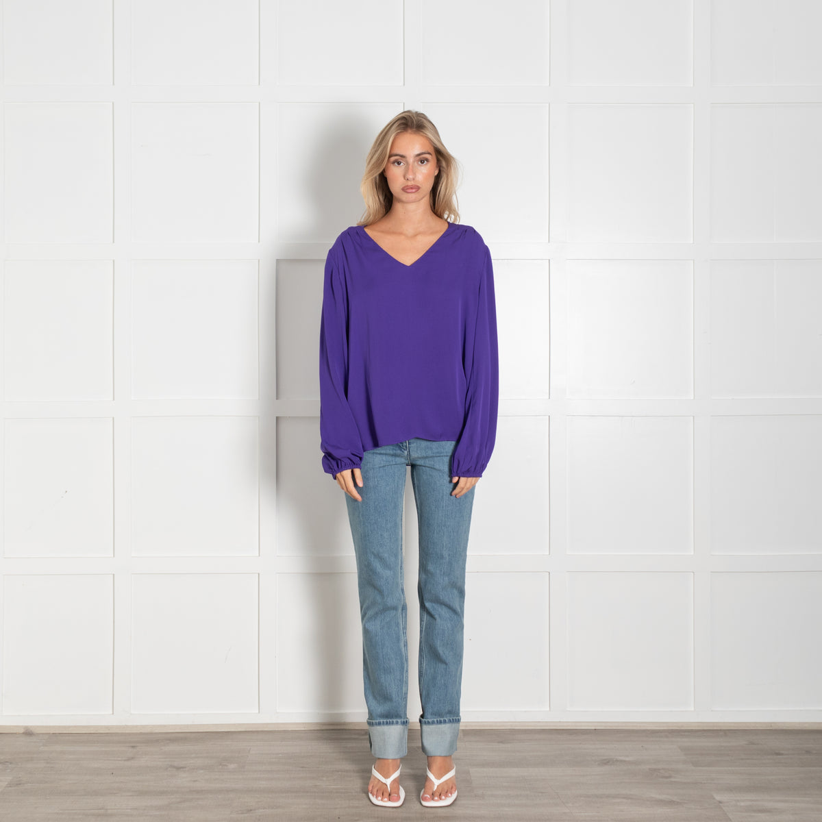 Diane Von Furstenberg Purple V-Neck Long Sleeve Blouse