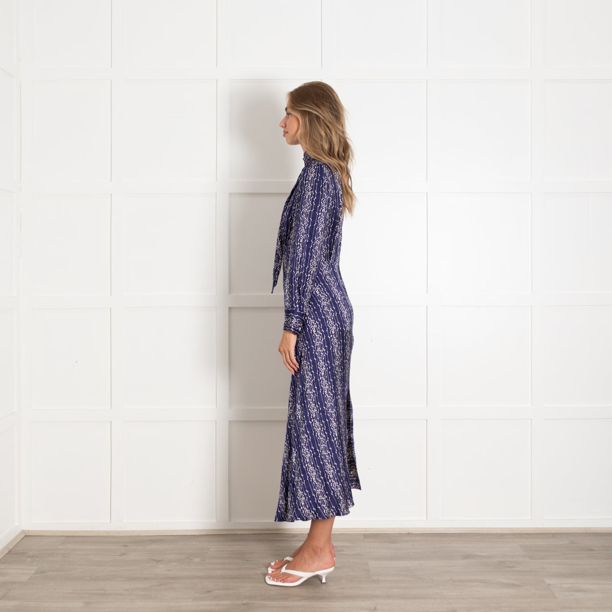 Sandro Navy White Long Sleeve Maxi Dress