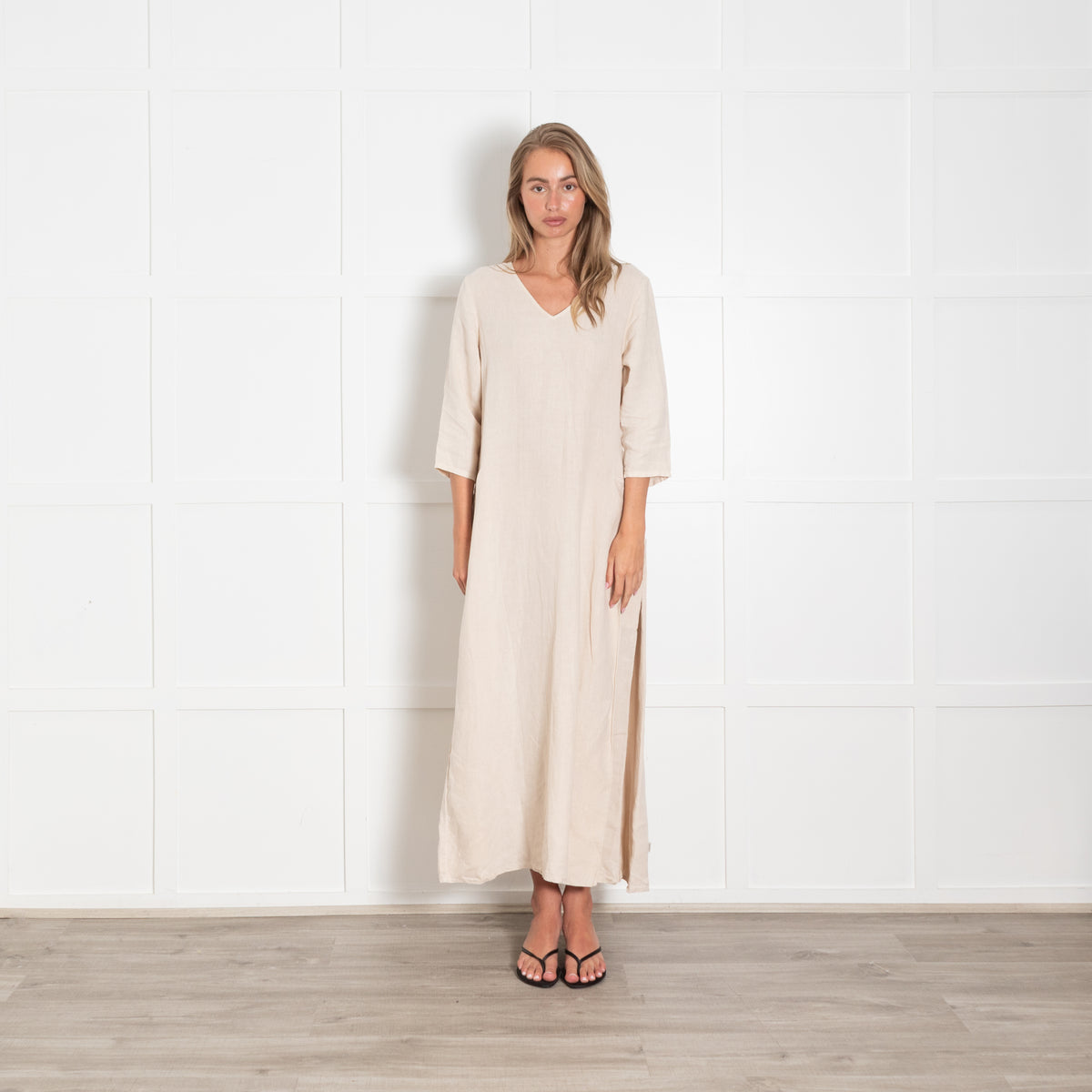 Elemente Clemente Neutral Linen Side Pocket Detail Maxi Dress