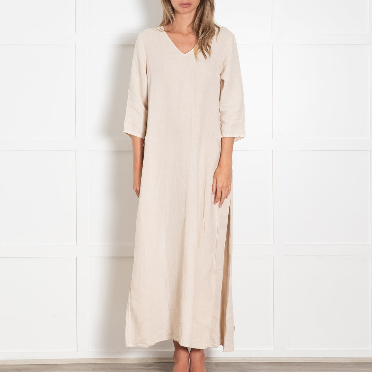 Elemente Clemente Neutral Linen Side Pocket Detail Maxi Dress