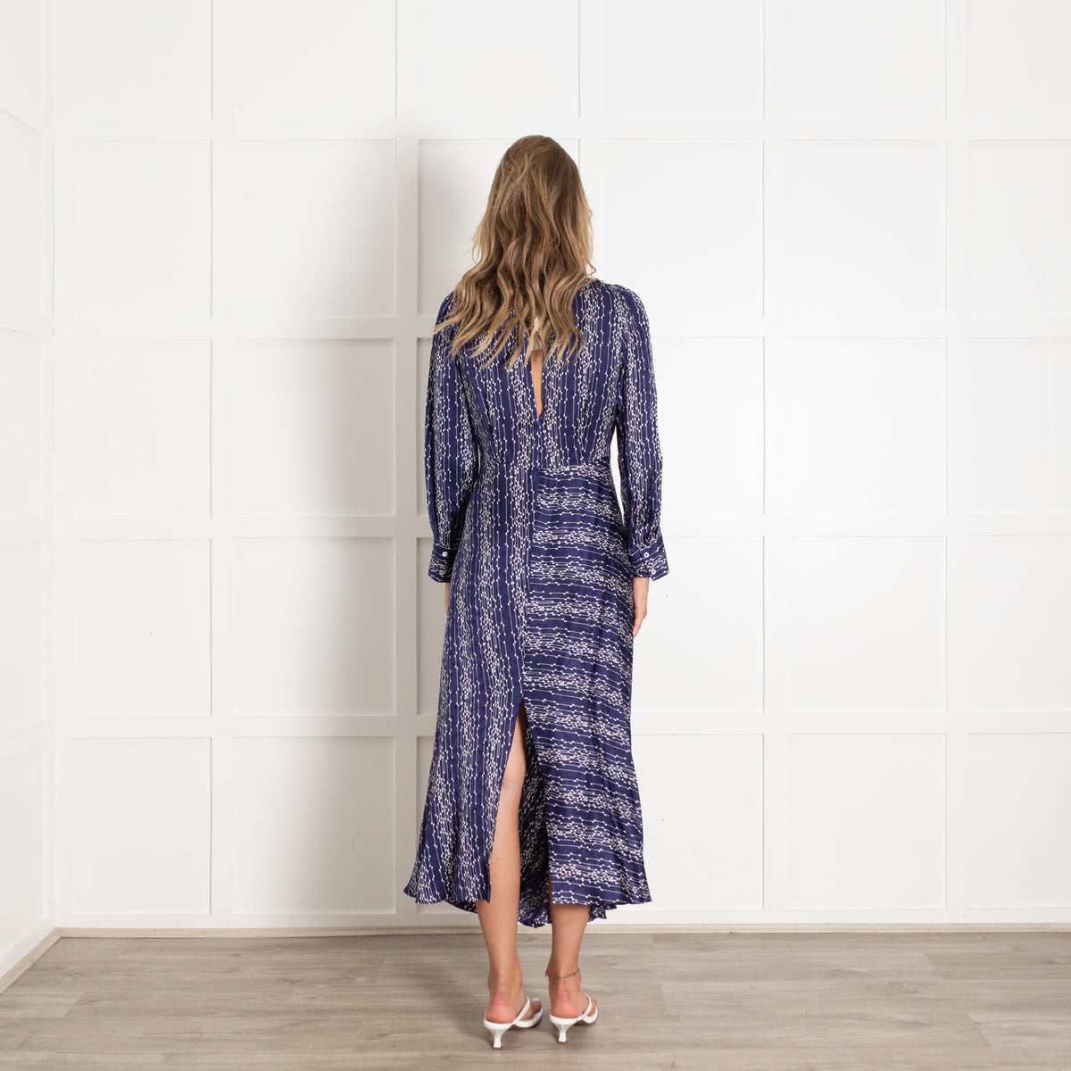 Sandro Navy White Long Sleeve Maxi Dress