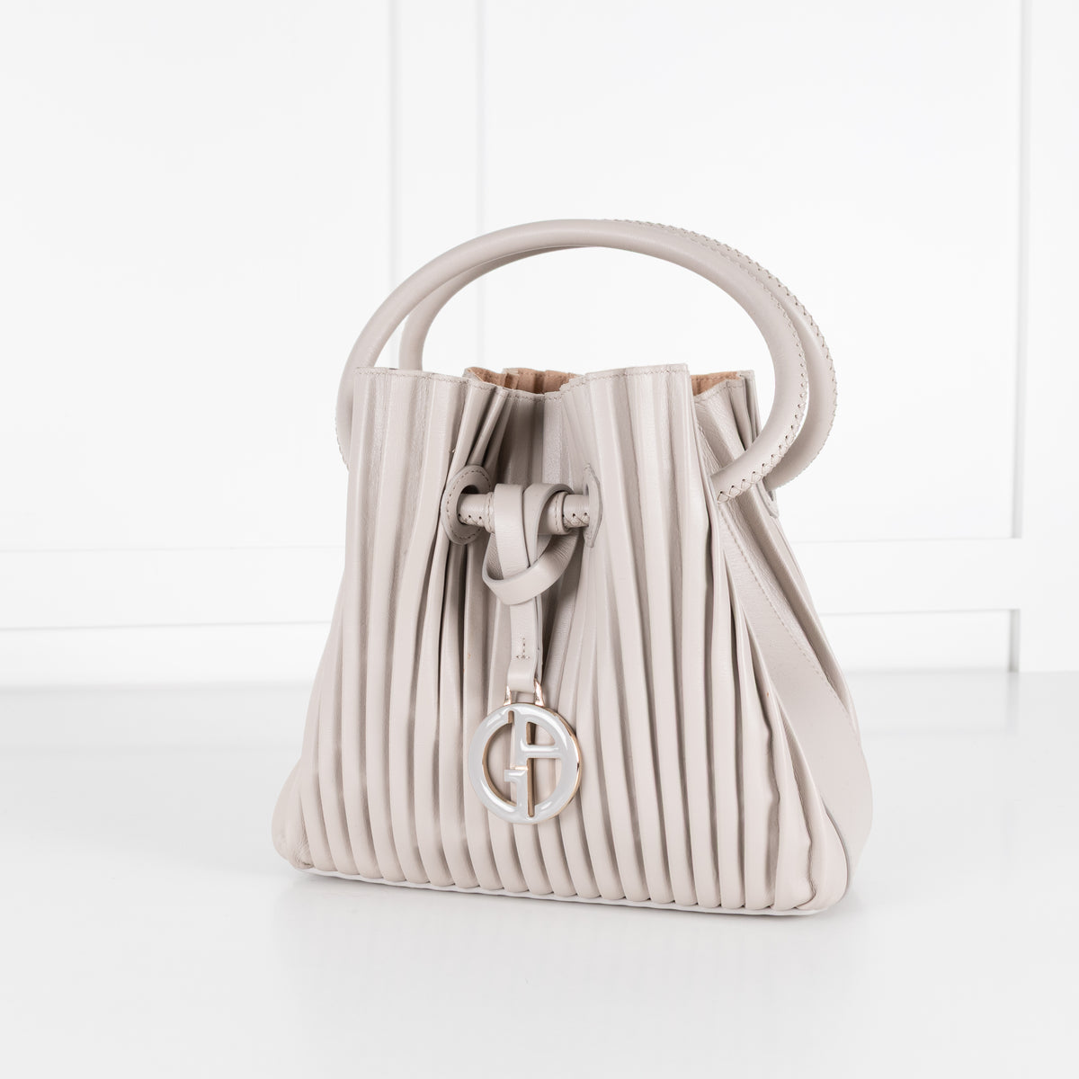 Giorgio Armani Light Grey Pleated Leather Bucket Bag