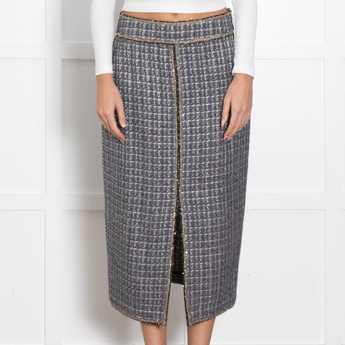 Uterque Grey Tweed Skirt With Gold Thread Detail