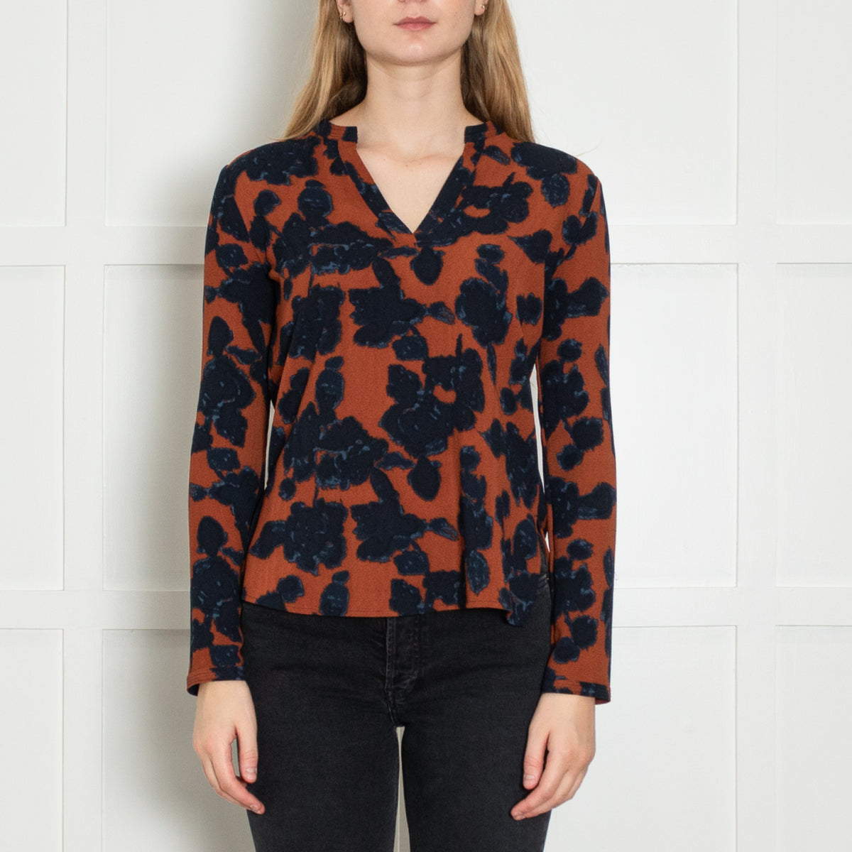 Essentiel Antwerp Burnt Orange Navy Flower Print Blouse