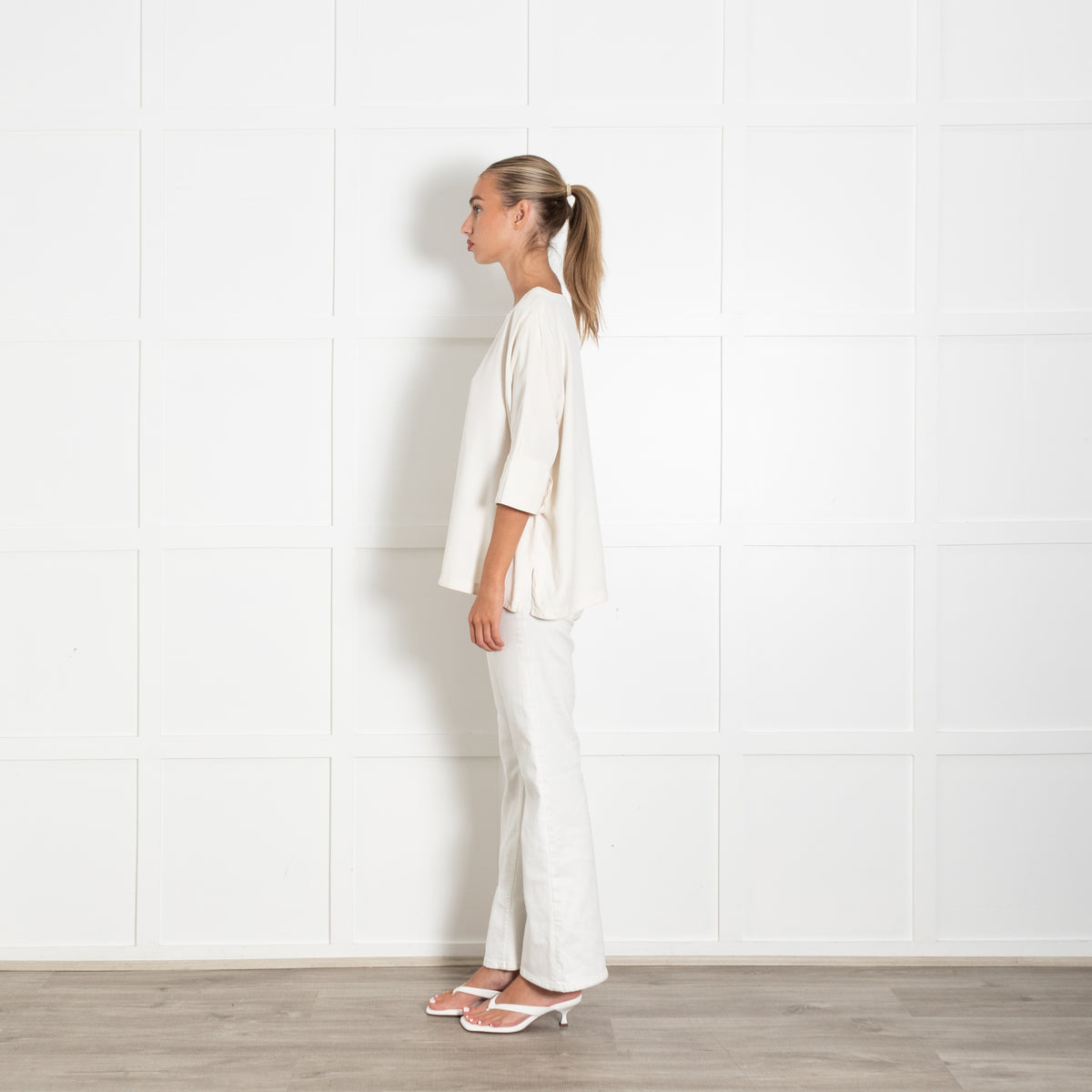Bamford Cream 100 % Silk Mid Sleeves Top