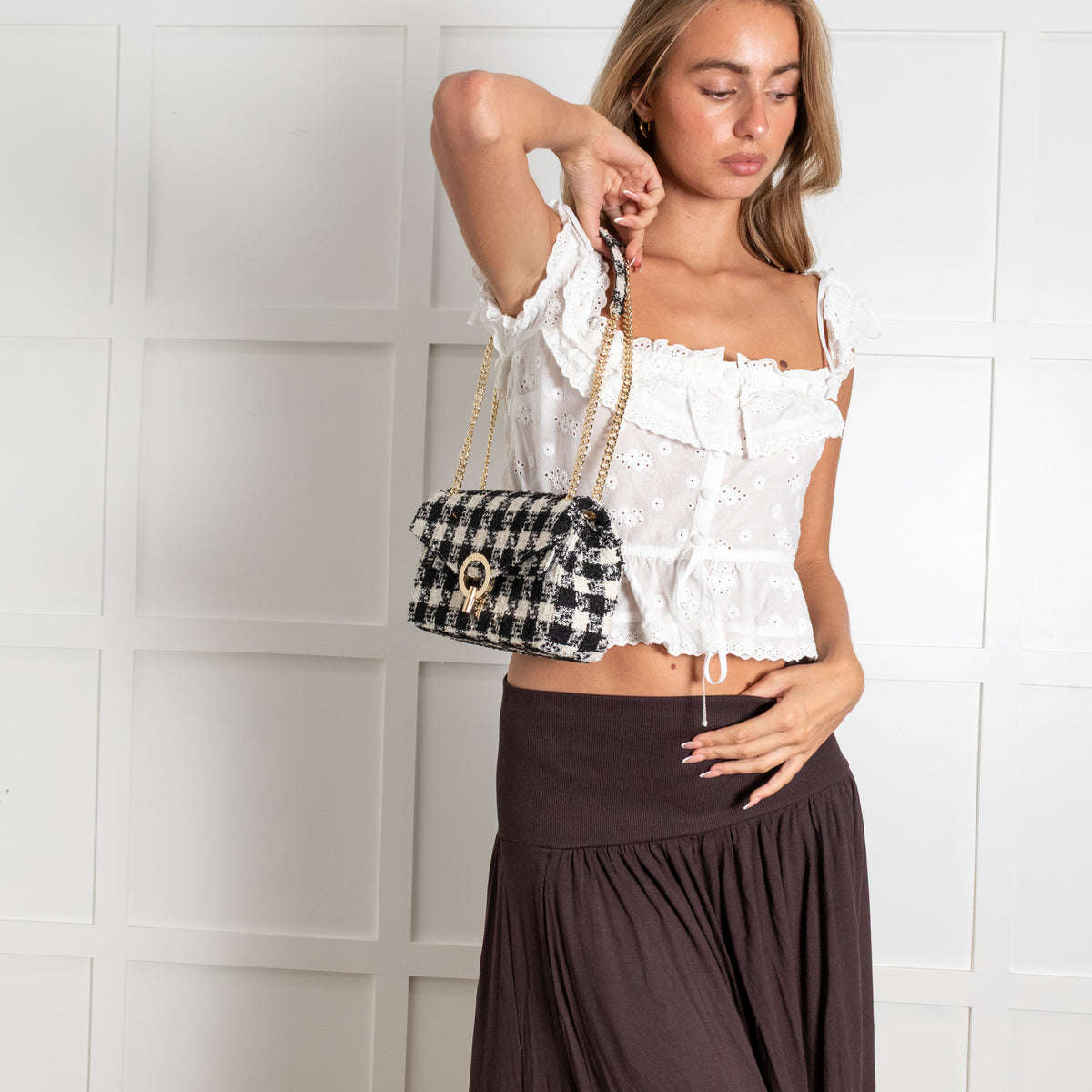 Sandro Yza Houdstooth Tweed Black And Cream Bag
