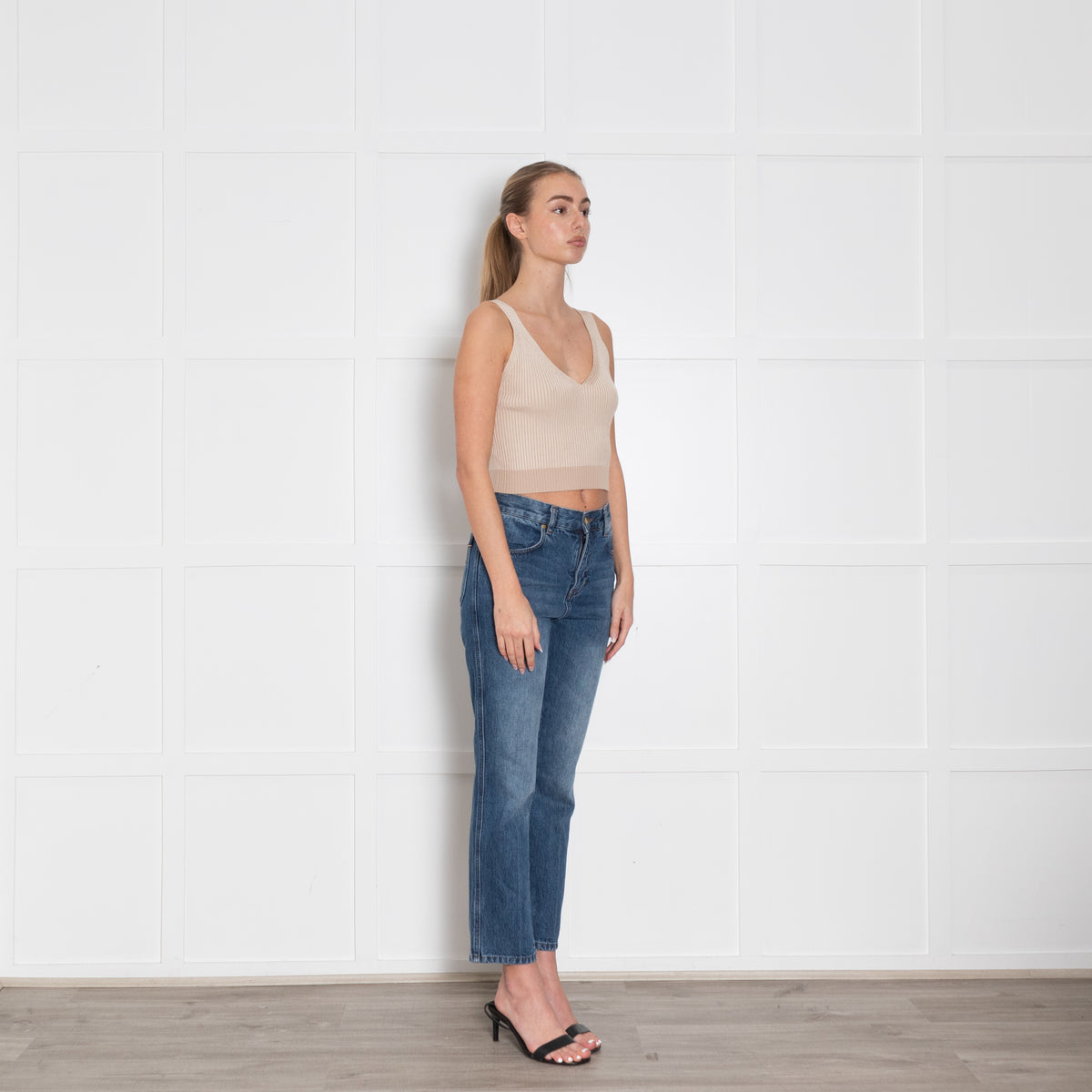 Me+Em Beige Sleeveless Cropped Knitted Top