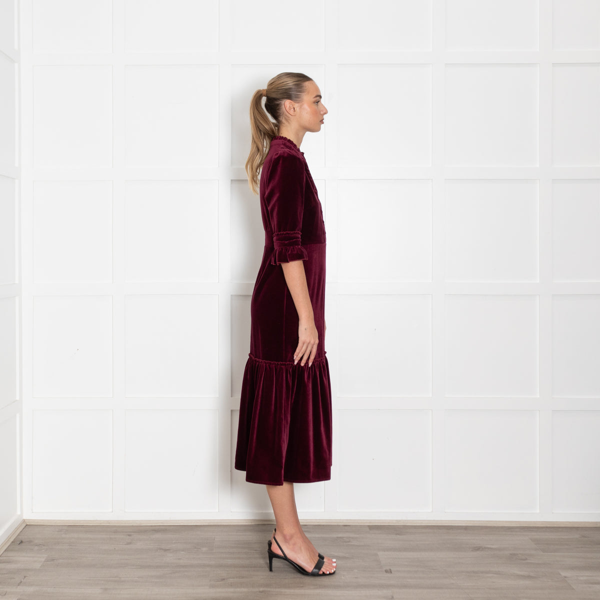 Wyse Dark Burgundy Velvet Dress With Pleat Detail