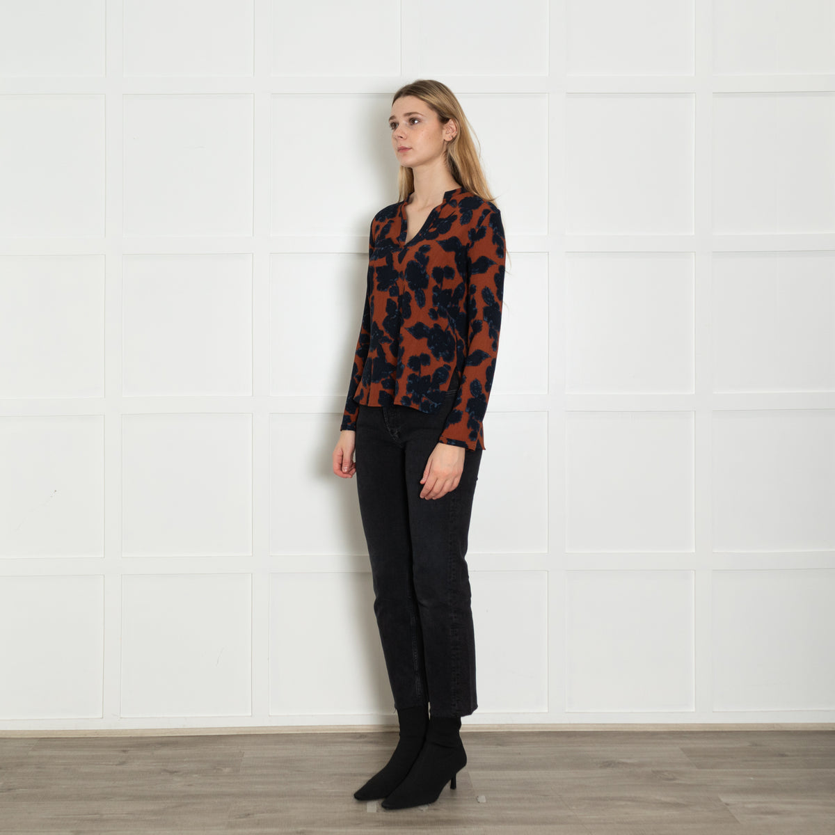 Essentiel Antwerp Burnt Orange Navy Flower Print Blouse