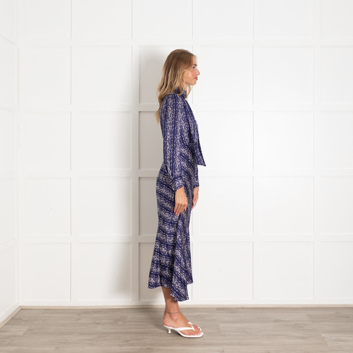 Sandro Navy White Long Sleeve Maxi Dress