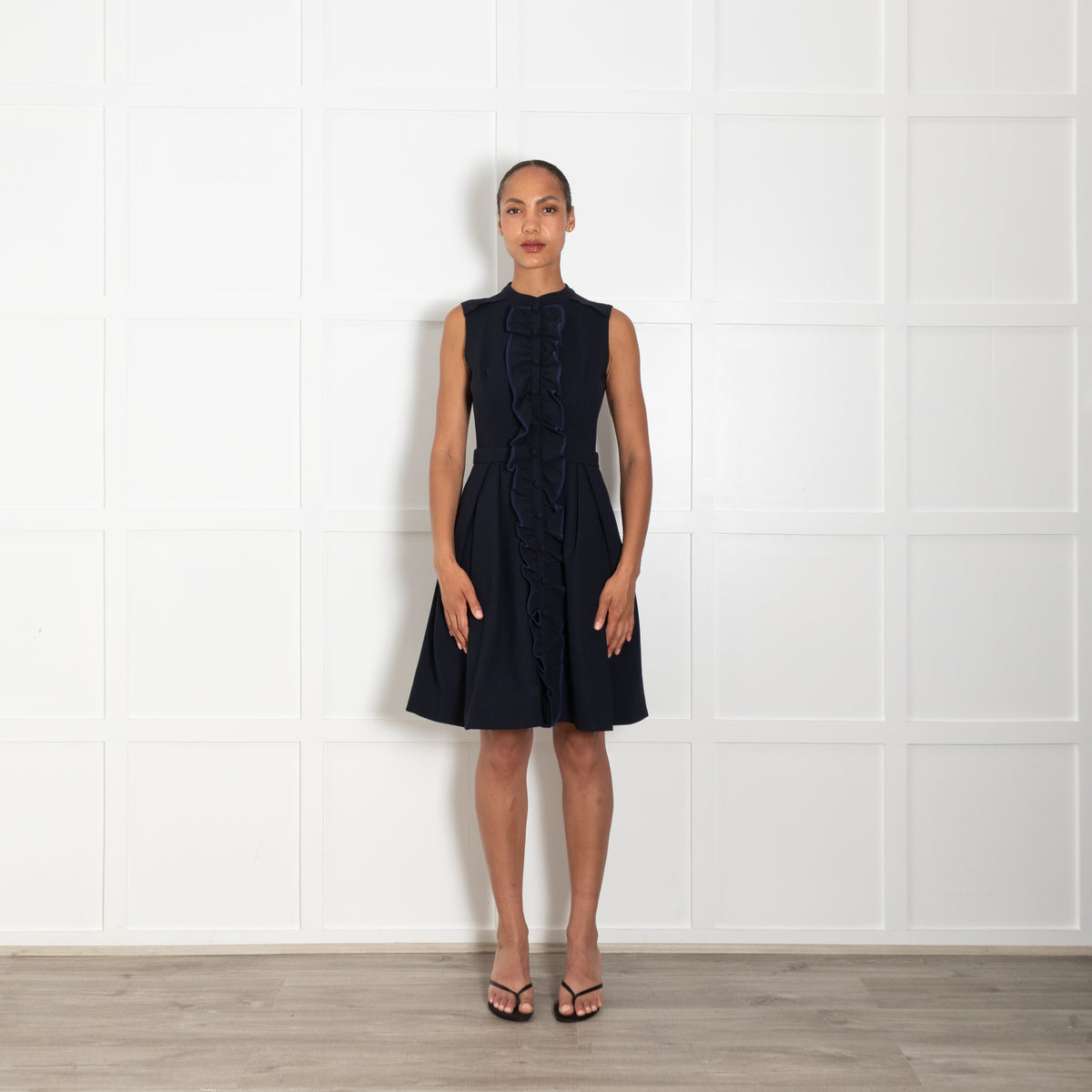 Machka Navy Blue Sleeveless Dress With Frill & Button Front