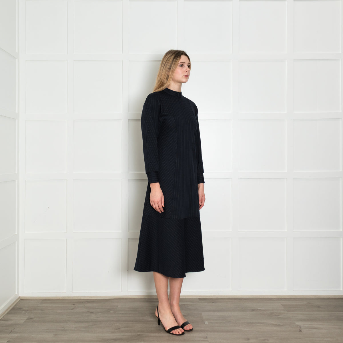 Me + Em Navy White Pin Stripes Maxi Dress