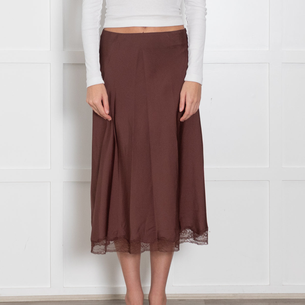 ba&sh Brown Slip Skirt With Lace Hem