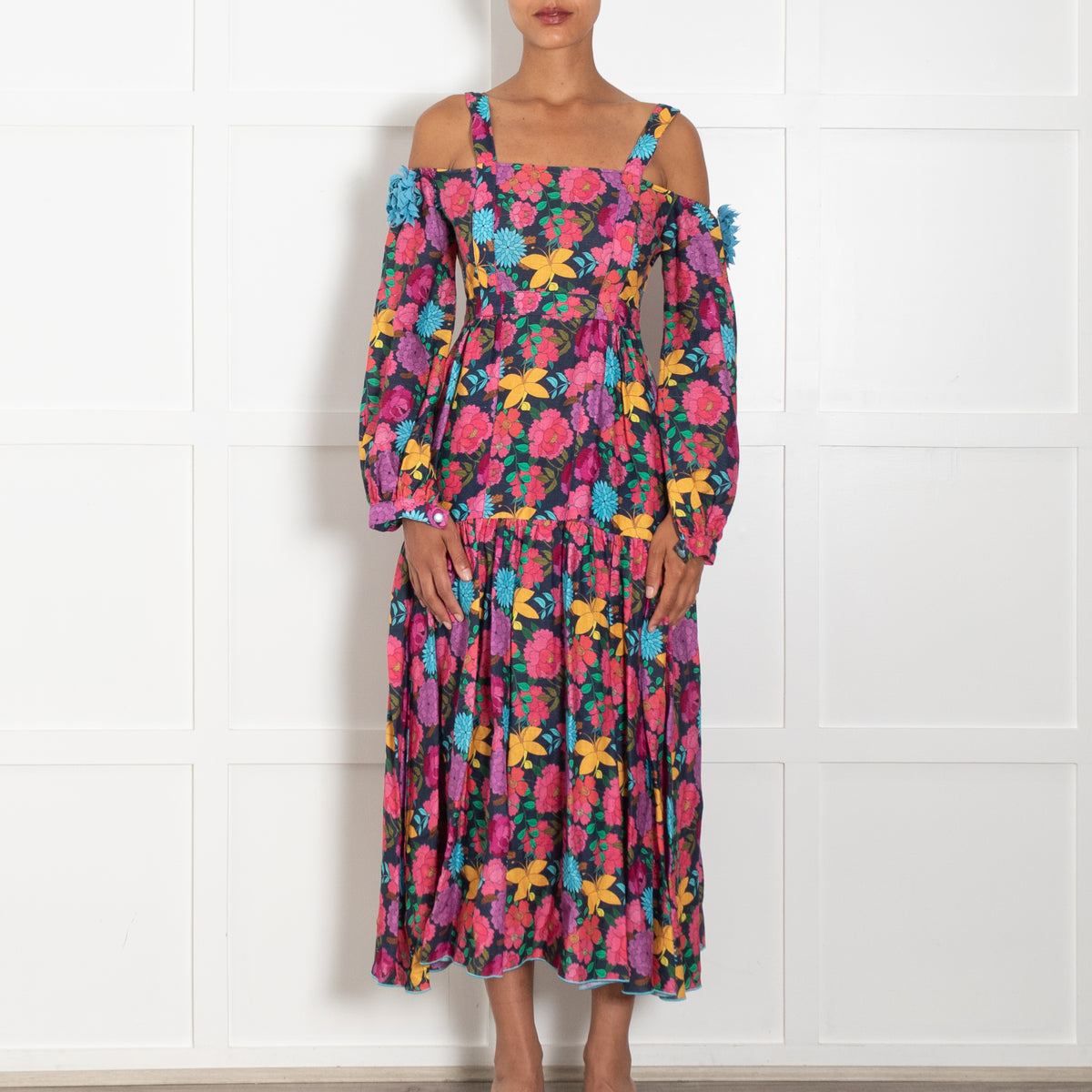 Gul Hurgel Multicolour Floral Cotton Cold Shoulder Dress