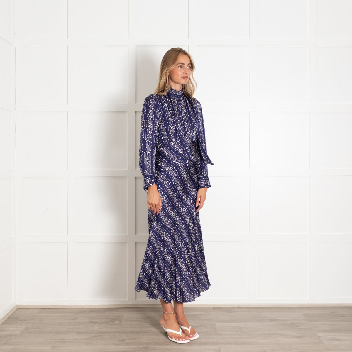 Sandro Navy White Long Sleeve Maxi Dress
