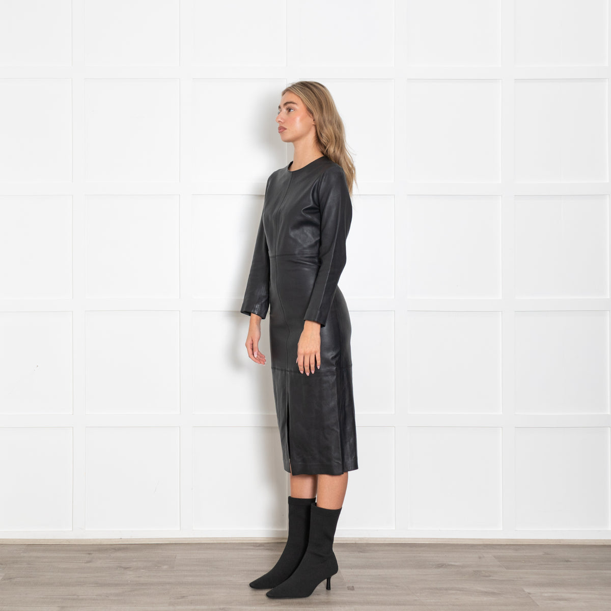 Toteme Black Paneled Leather Midi Dress