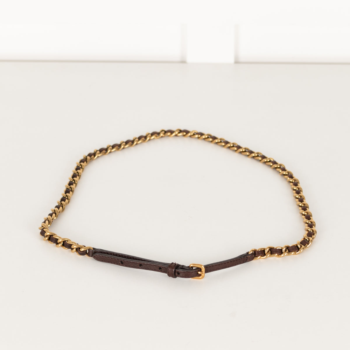 Salvatore Ferragamo Brown Leather Gold Chain Thin Belt