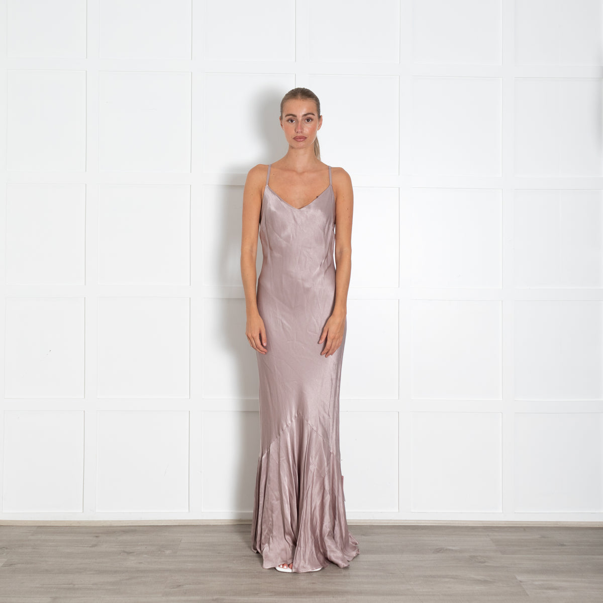 Ghost Taupe Satin Sleeveless Peplum Evening Dress