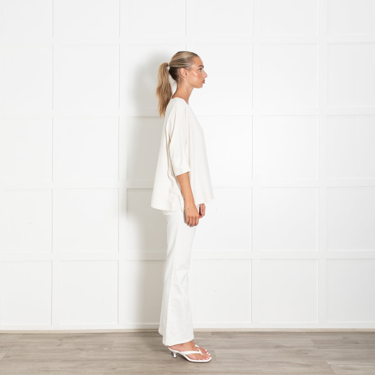 Bamford Cream 100 % Silk Mid Sleeves Top