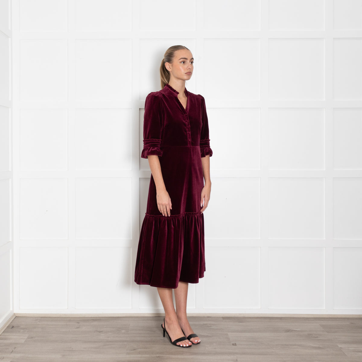 Wyse Dark Burgundy Velvet Dress With Pleat Detail