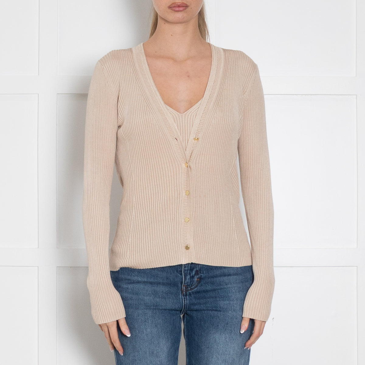 Me+Em Beige Gold Button Ribbed Cardigan