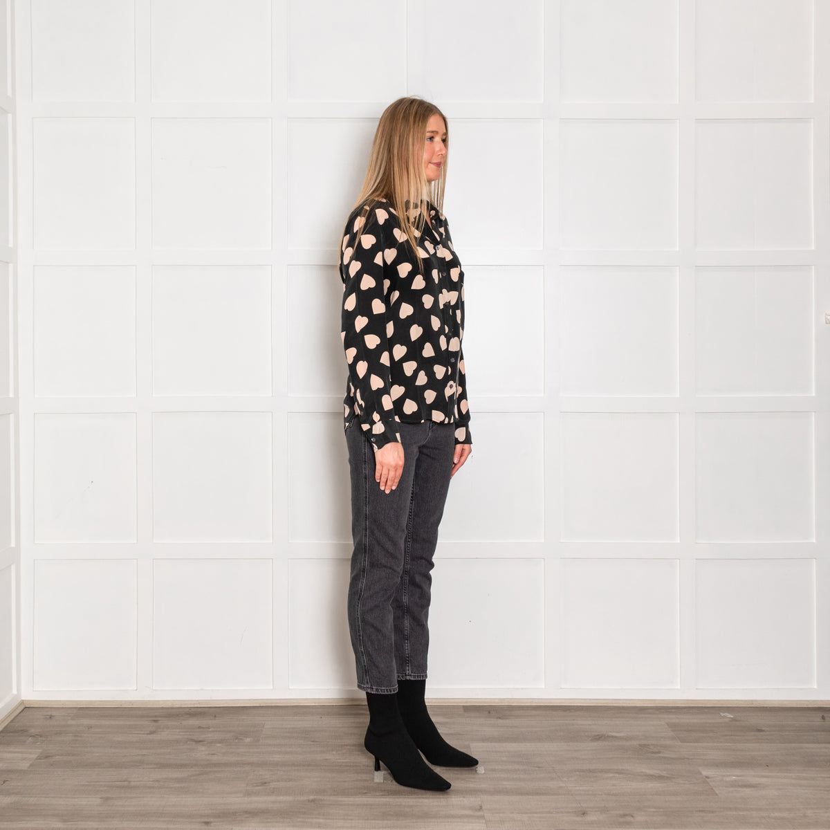 Equipment Black and Nude Heart Print Silk Shirt