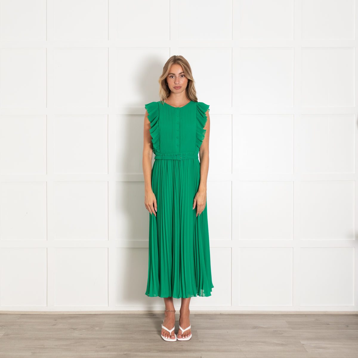 Self Portrait Green Pleated Frill Trim Maxi Dress