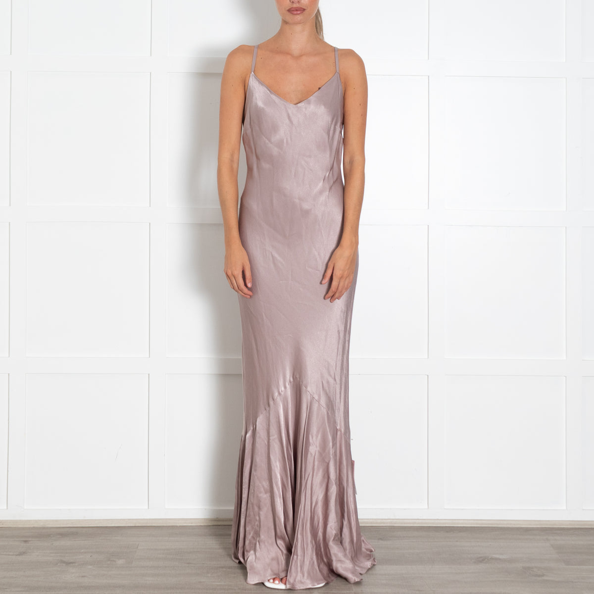 Ghost Taupe Satin Sleeveless Peplum Evening Dress
