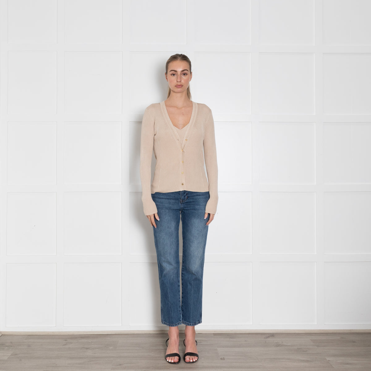 Me+Em Beige Gold Button Ribbed Cardigan