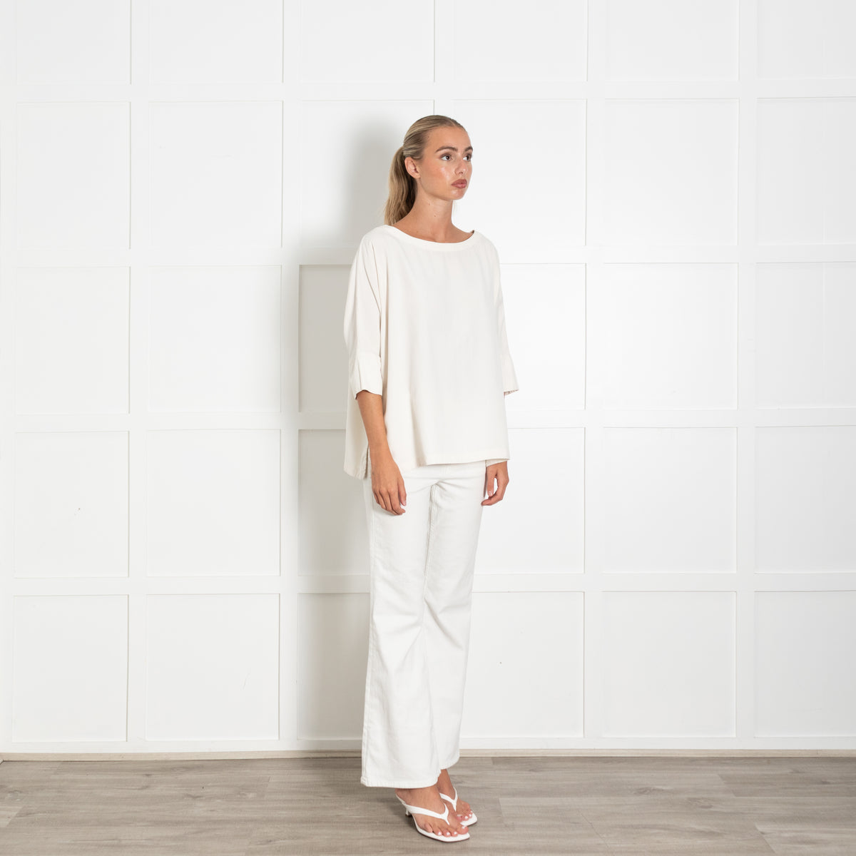 Bamford Cream 100 % Silk Mid Sleeves Top