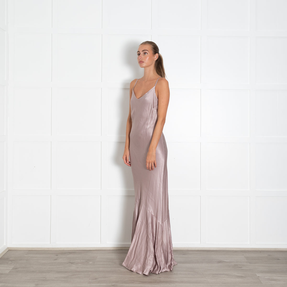 Ghost Taupe Satin Sleeveless Peplum Evening Dress