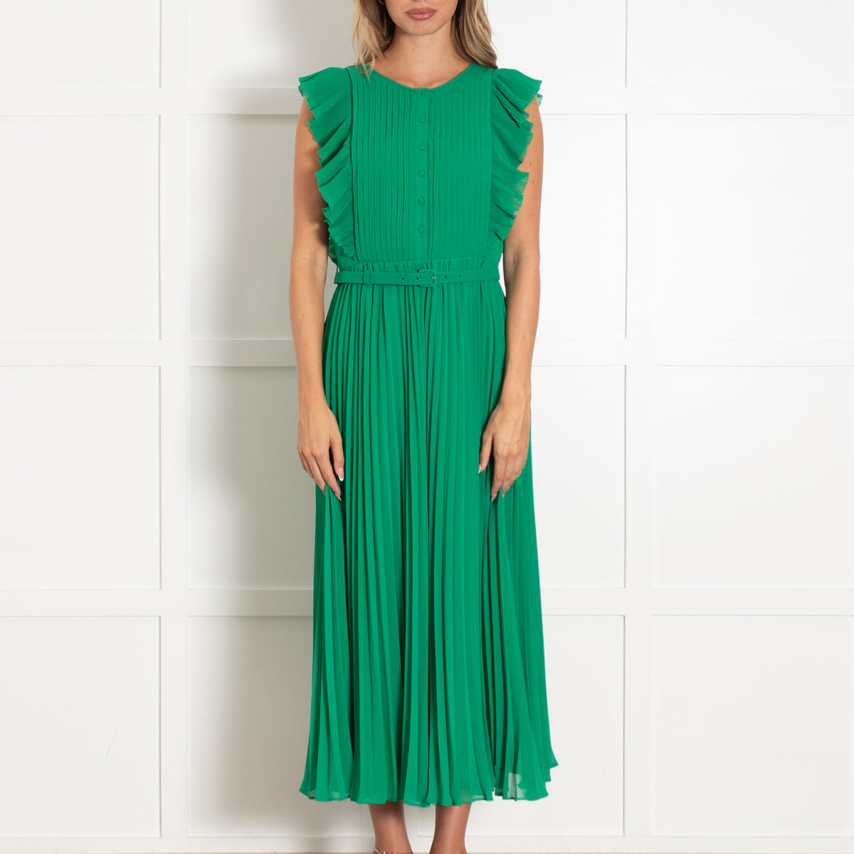 Self Portrait Green Pleated Frill Trim Maxi Dress